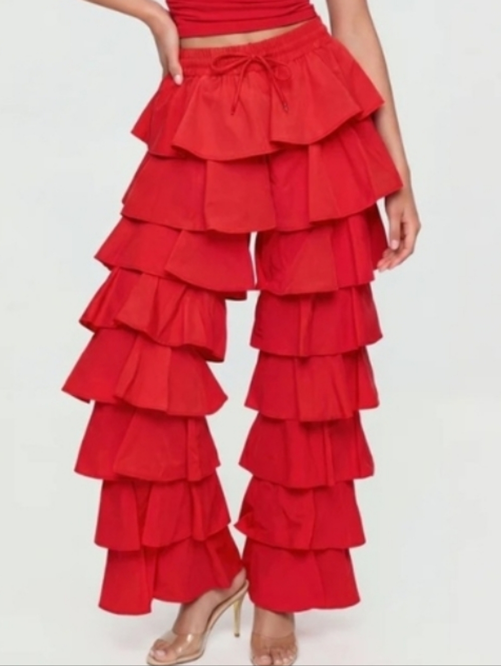 Red Tiered Ruffle Wide-Leg Pants